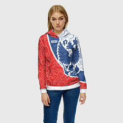 Толстовка-худи женская ГЕРБ РОССИИ С УЗОРАМИ, цвет: 3D-белый — фото 2