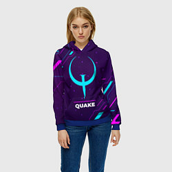 Толстовка-худи женская Символ Quake в неоновых цветах на темном фоне, цвет: 3D-синий — фото 2