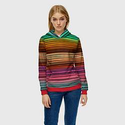 Толстовка-худи женская Multicolored thin stripes Разноцветные полосы, цвет: 3D-красный — фото 2