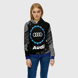 Толстовка-худи женская Audi в стиле Top Gear со следами шин на фоне, цвет: 3D-синий — фото 2