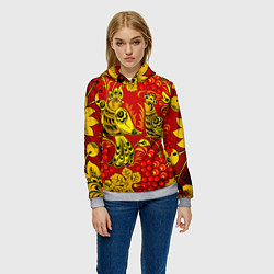 Толстовка-худи женская Хохломская Роспись Две Птици На Красном Фоне, цвет: 3D-меланж — фото 2