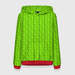 Толстовка-худи женская Зеленые узоры в виде листочков, цвет: 3D-красный