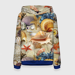 Толстовка-худи женская Морские раковины, кораллы, морские звёзды на песке, цвет: 3D-синий