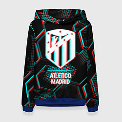 Толстовка-худи женская Atletico Madrid FC в стиле glitch на темном фоне, цвет: 3D-синий