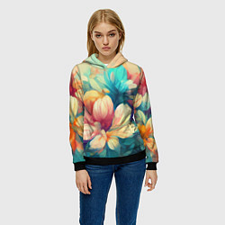 Толстовка-худи женская Цветочный букет нарисованный маслом, цвет: 3D-черный — фото 2