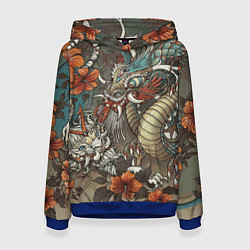 Толстовка-худи женская Тигр и дракон мифические, цвет: 3D-синий
