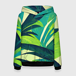 Толстовка-худи женская Яркие тропические листья пальмы, цвет: 3D-черный