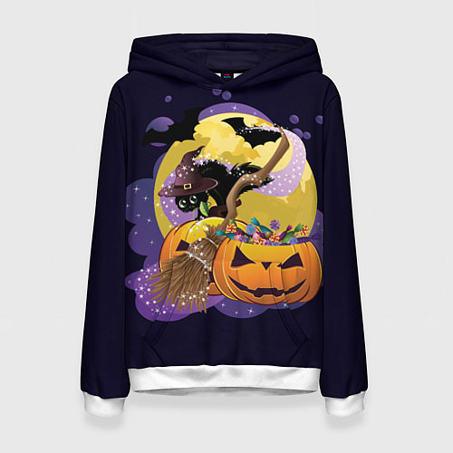 Женская толстовка Чёрный котёнок и тыквы / 3D-Белый – фото 1