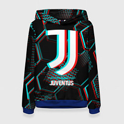 Толстовка-худи женская Juventus FC в стиле glitch на темном фоне, цвет: 3D-синий