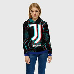 Толстовка-худи женская Juventus FC в стиле glitch на темном фоне, цвет: 3D-синий — фото 2