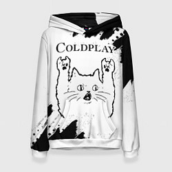 Толстовка-худи женская Coldplay рок кот на светлом фоне, цвет: 3D-белый