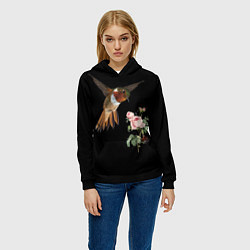 Толстовка-худи женская Птицы колибри розы на черном фоне, цвет: 3D-черный — фото 2