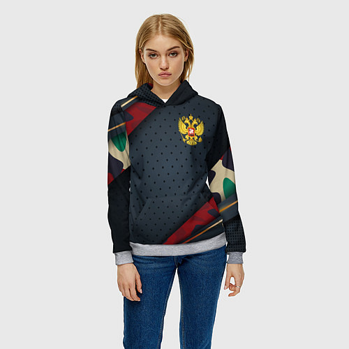 Женская толстовка Герб России черно-красный камуфляж / 3D-Меланж – фото 3