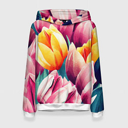 Толстовка-худи женская Букет акварельных тюльпанов, цвет: 3D-белый