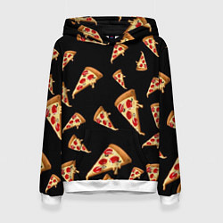 Толстовка-худи женская Куски пиццы на черном фоне, цвет: 3D-белый