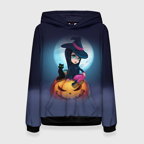 Женская толстовка Маленькая прикольная ведьмочка с милым котёнком / 3D-Черный – фото 1