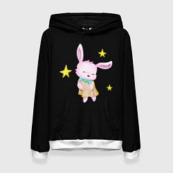 Толстовка-худи женская Крольчонок танцует со звёздами на чёрном фоне, цвет: 3D-белый