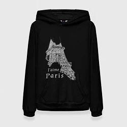 Толстовка-худи женская Эйфелева башня и надпись Я люблю Париж на черном ф, цвет: 3D-черный