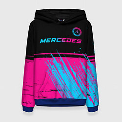 Толстовка-худи женская Mercedes - neon gradient: символ сверху, цвет: 3D-синий