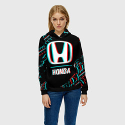 Толстовка-худи женская Значок Honda в стиле glitch на темном фоне, цвет: 3D-черный — фото 2