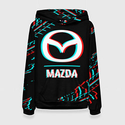 Толстовка-худи женская Значок Mazda в стиле glitch на темном фоне, цвет: 3D-черный
