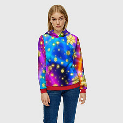 Толстовка-худи женская Снежинки и звезды - яркие цвета, цвет: 3D-красный — фото 2