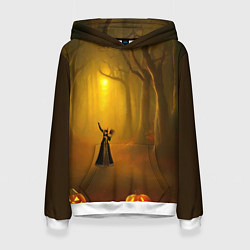 Толстовка-худи женская Ведьма в черном платье в заколдованном лесу с тыкв, цвет: 3D-белый