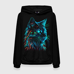 Толстовка-худи женская Неоновый котик, цвет: 3D-черный