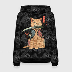 Толстовка-худи женская Кот самурай - Якудза, цвет: 3D-черный