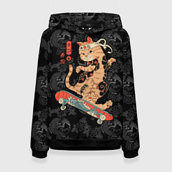 Толстовка-худи женская Кот самурай на скейтборде, цвет: 3D-черный