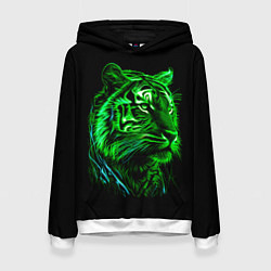 Толстовка-худи женская Нейросеть: неоновый зелёный тигр, цвет: 3D-белый