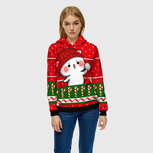 Женская толстовка Белый котик - игра в снежки / 3D-Черный – фото 3