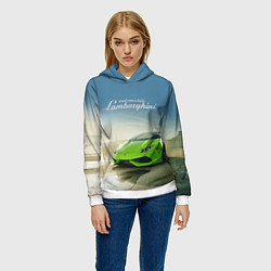 Толстовка-худи женская Ламборджини на берегу океана, цвет: 3D-белый — фото 2