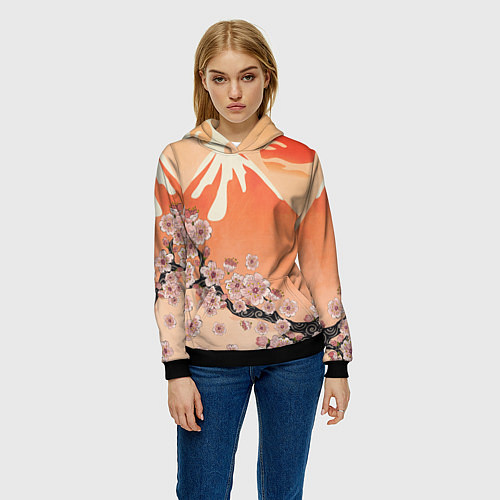 Женская толстовка Ветка цветущей сакуры и вулкан / 3D-Черный – фото 3