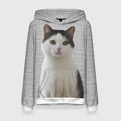 Толстовка-худи женская Задумчивый котик, цвет: 3D-белый