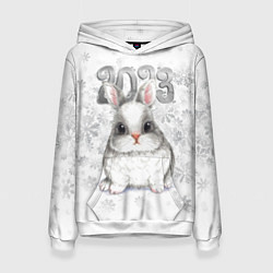 Толстовка-худи женская Белый кролик и снежинки 2023, цвет: 3D-белый