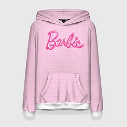 Толстовка-худи женская Барби - логотип на клетчатом фоне, цвет: 3D-белый