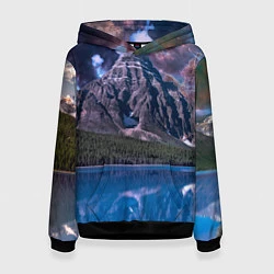 Толстовка-худи женская Горы и лес у озера, цвет: 3D-черный