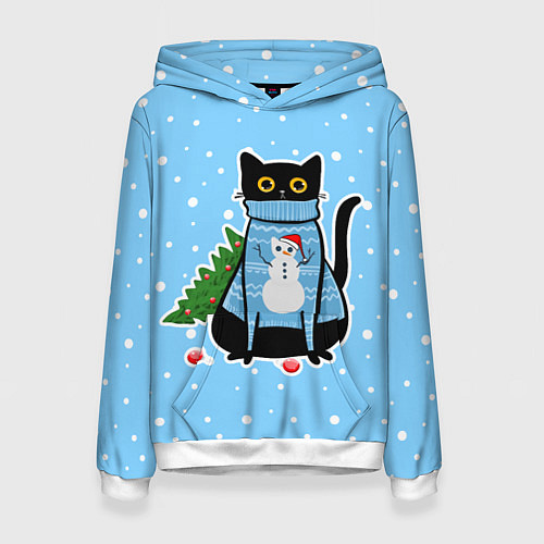 Женская толстовка Котик в свитере под снегопадом - синий / 3D-Белый – фото 1