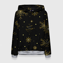 Толстовка-худи женская Золотые снежинки на темном фоне, цвет: 3D-меланж