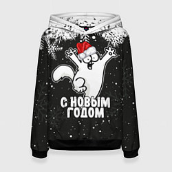 Толстовка-худи женская С Новым годом - кот Саймона и снежинки, цвет: 3D-черный