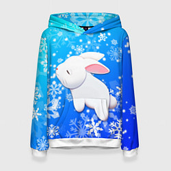 Толстовка-худи женская Милый кролик в снежинках, цвет: 3D-белый