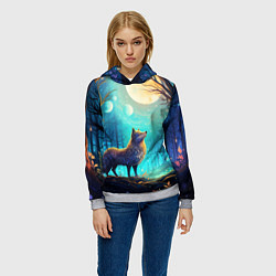 Толстовка-худи женская Волк в ночном лесу в folk art стиле, цвет: 3D-меланж — фото 2