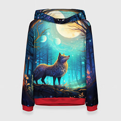 Толстовка-худи женская Волк в ночном лесу в folk art стиле, цвет: 3D-красный
