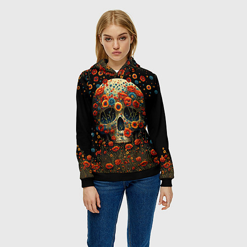 Женская толстовка Череп украшенный цветущими маками / 3D-Черный – фото 3