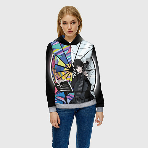 Женская толстовка Уэнсдэй играет на виолончели на фоне окна / 3D-Меланж – фото 3