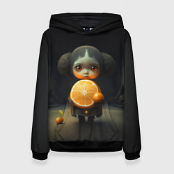 Толстовка-худи женская Девочка с мандарином в руках, цвет: 3D-черный