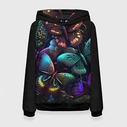 Толстовка-худи женская Разные неоновые бабочки, цвет: 3D-черный