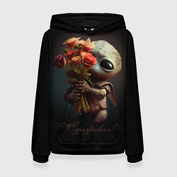 Толстовка-худи женская Инопланетянин с букетом цветов, цвет: 3D-черный