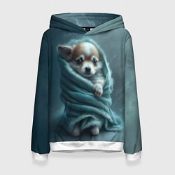 Толстовка-худи женская Милый щенок в одеяле, цвет: 3D-белый